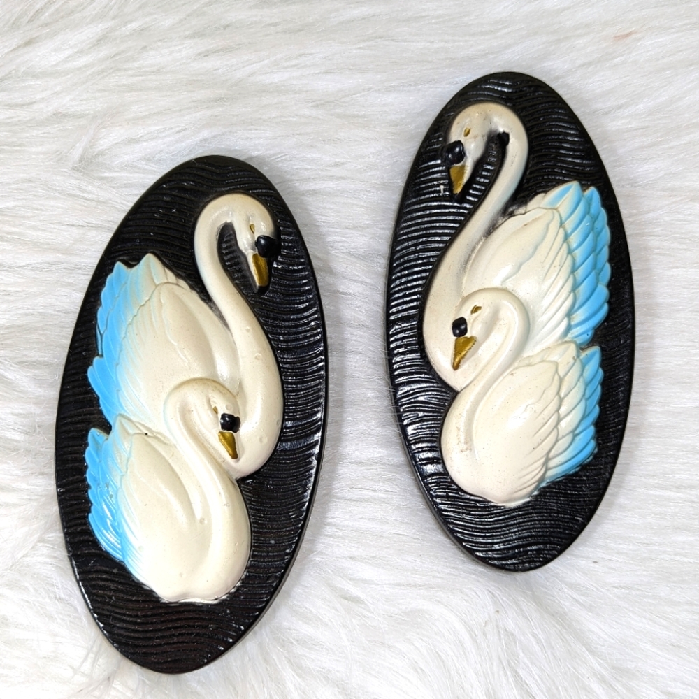 Chalkware Miller Studio 1965 Mid Century Hand Painted Swan Duet Plaques